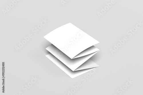 Minimalist mockup of multiple folded brochures stacked in a layered arrangement, floating with soft shadows on a clean neutral background. Ideal for showcasing editorial layouts, corporate marketing