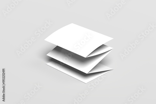 Minimalist mockup of multiple folded brochures stacked in a layered arrangement, floating with soft shadows on a clean neutral background. Ideal for showcasing editorial layouts, corporate marketing