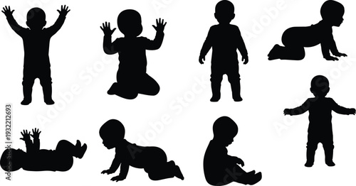 Set of baby silhouettes including infant crawling, sitting, standing, and playing positions for newborn childhood development, growth, and parenting vector designs.