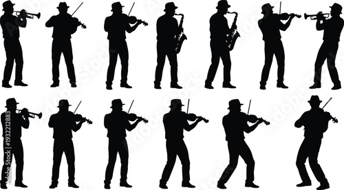 Set of black silhouettes of musicians playing musical instruments like violin, trumpet, and saxophone for jazz band or classical orchestra.