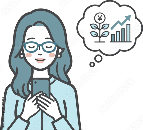 スマートフォンで資産運用の成長を確認する女性のイラスト