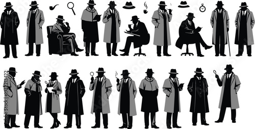Vintage Noir Detective Silhouette Set Featuring Classic Private Investigators with Trench Coats Fedoras Magnifying Glasses and Pipes in Retro Mystery Style