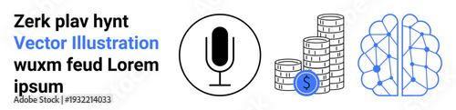 Artificial intelligence, finance, technology, voice recognition, digital transformation, innovation. Icons include a microphone, stacked coins and a neural network. AI and finance concept with voice