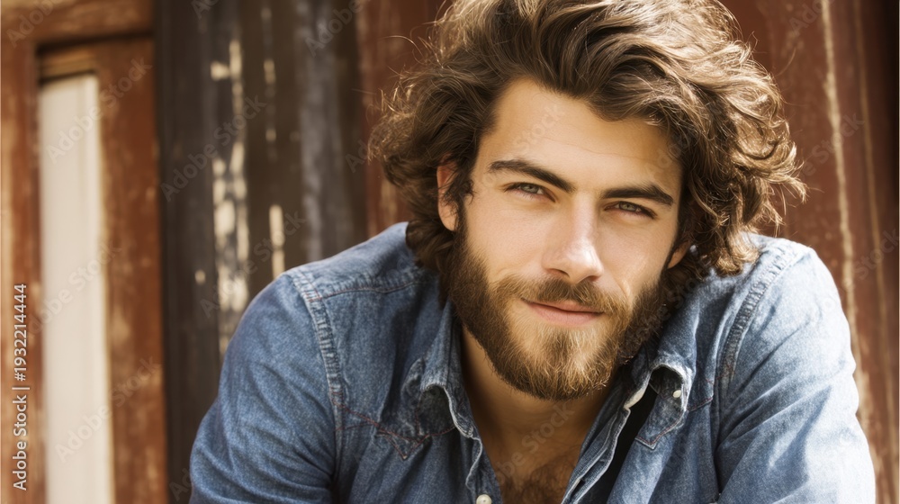 Obraz premium Charming Young Man with Curly Hair and Beard Posing Outdoors in Casual Denim Shirt Against Rustic Background