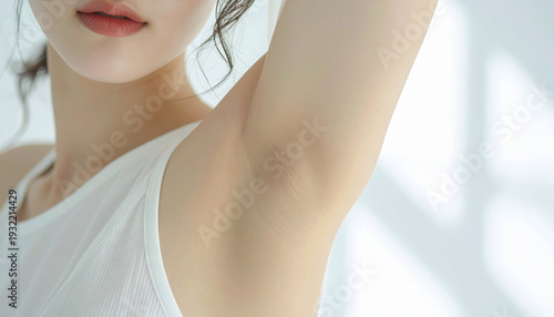 白背景で脱毛後の脇を見せる若い女性のクローズアップ　ボディケア・美容イメージ