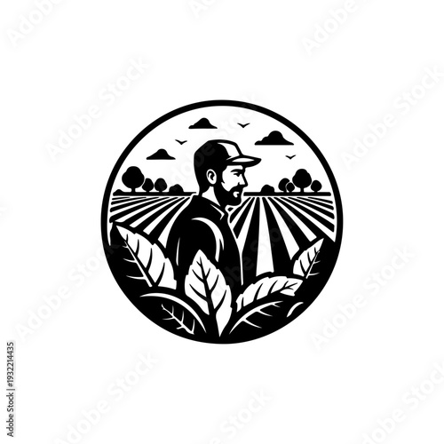 Farmer Portrait in Agricultural Field Circle Silhouette Logo Vector