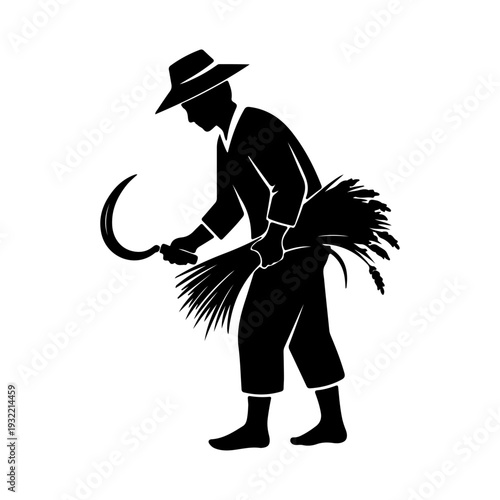 Farmer Harvesting Wheat with Sickle Silhouette Vector Illustration