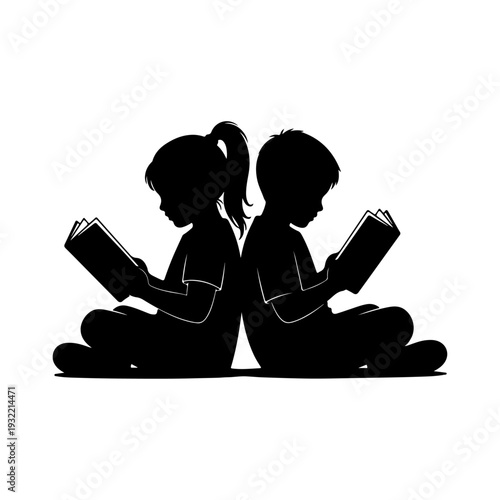 Kids Reading Back to Back Silhouette Vector – Children Study Illustration