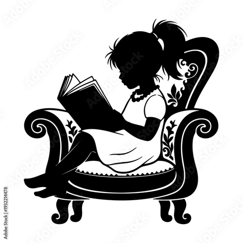 Little Girl Reading on Vintage Armchair Silhouette Vector – Cozy Storytime Illustration