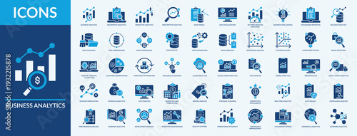 Business Analytics icon set vector illustration. Containing icon of data mining, key performance indicator, hypothesis testing and more. Flat blue icon symbol collection