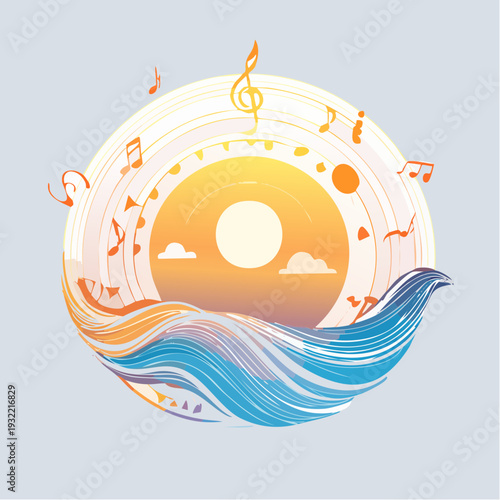 Melody of the Waves A Serene Sunset with Musical Notes and Ocean Waves