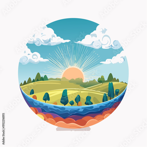 Vibrant sun setting over a rolling green landscape with lush trees and blue sky