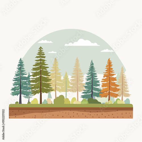 Vibrant forest landscape with coniferous trees and rolling hills