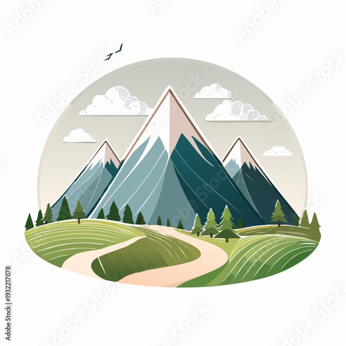 Serene Mountain Landscape with Winding Path and Rolling Hills