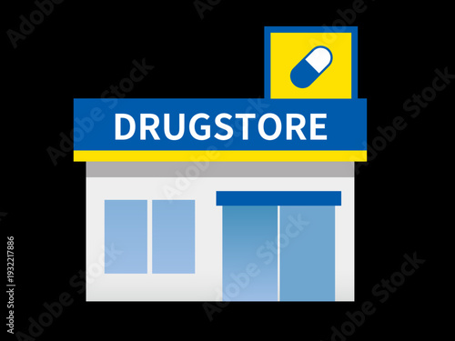 Modern Drugstore Building Illustration for Dark Background: Vector Pharmacy Exterior Icon with Capsule Signboard for Night City Scene and Digital Design