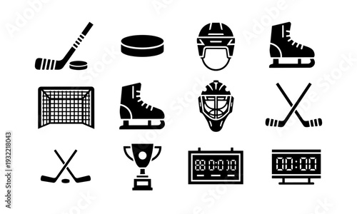 Ice Hockey Icon Set – Stick, Puck, Helmet, Skates and Goal Vector Collection