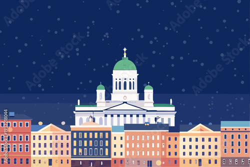 A stylized illustration depicts helsinki cathedral under a starry night sky