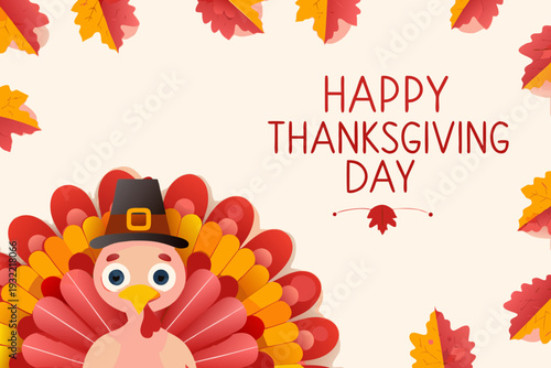 Festive thanksgiving graphic featuring a turkey and colorful autumn leaves