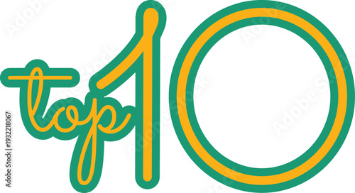 Modern top ten logo featuring cursive script word combined with bold outlined number ten in teal and orange color scheme creating friendly ranking emblem
