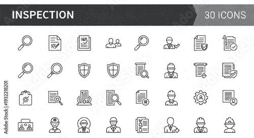 A set of black and white icons for inspection and quality control processes