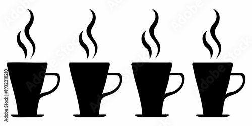 Four black coffee cups with rising steam simple graphic illustration
