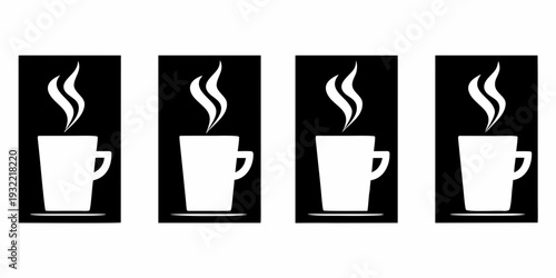 Four identical white coffee cups with rising steam black background