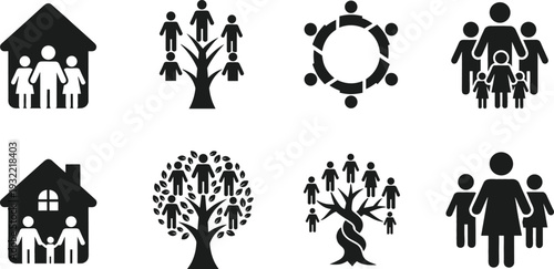 Set of flat black family icons including genealogy trees community circles and parents with children inside house silhouette shapes