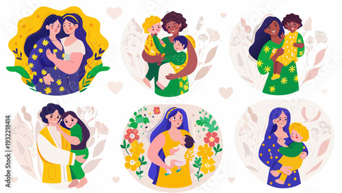 Diverse mothers lovingly embracing their children in circular floral designs