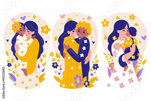 Illustration of three diverse women embracing tenderly with floral elements