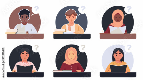 Diverse students contemplating reading and using laptops in thought bubbles