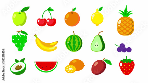 Colorful assortment of various fruits displayed in a flat vector style