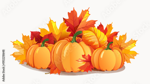 Autumn still life featuring pumpkins and vibrant colorful maple leaves