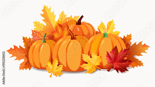 A vibrant arrangement of pumpkins and colorful autumn leaves on white