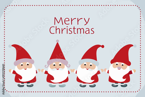 Festive christmas card featuring four adorable santa gnomes in a row