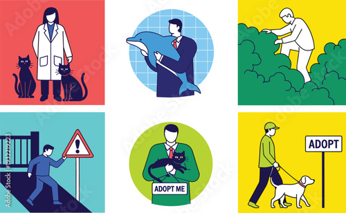 Pet adoption and animal care vector illustration set showing people helping, rescuing, walking, and adopting dogs and cats in modern flat style