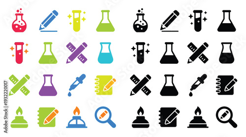 A collection of colorful and black and white science-themed icons, including beakers, test tubes, pencils, notebooks, and burners.