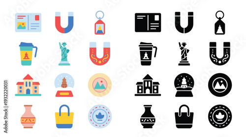 Collection of travel and souvenir icons, presented in both color and silhouette, featuring landmarks, gifts, and cultural symbols.