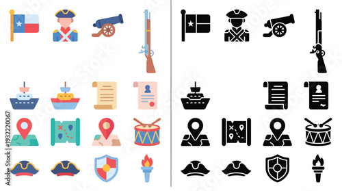 Collection of flat icons representing historical military and exploration elements, including flags, soldiers, cannons, ships, maps, and documents.