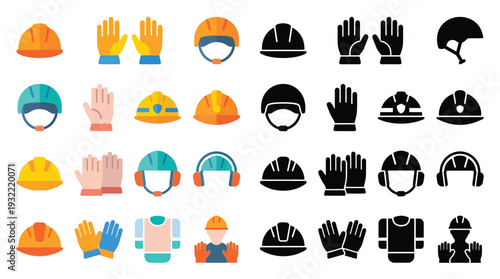 Collection of safety equipment icons including helmets, gloves, and protective vests for industrial and construction workers.