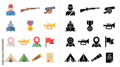 Collection of flat design icons representing military and historical themes, including soldiers, weapons, and symbols of achievement and exploration.