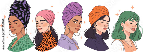 Diverse collection of stylish female portraits featuring various hairstyles headwraps and turbans for fashion and beauty branding