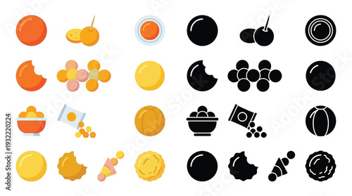 A collection of colorful and black and white icons representing various food items and snacks, including fruits, candies, and processed foods.