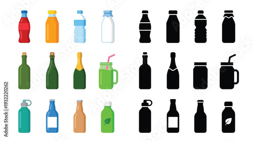 A collection of diverse beverage bottles and containers, showcasing various shapes, sizes, and colors for different drinks.