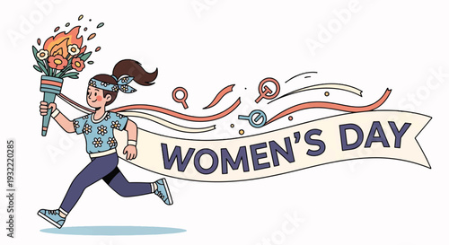 Womens Day Celebration Featuring an Empowered Runner Holding a Torch with Flowers