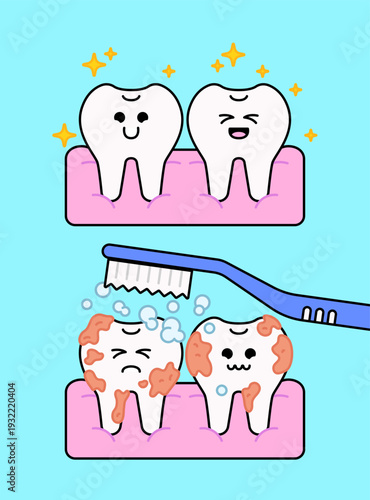 Cartoon illustration showing comparison of healthy clean teeth and dirty teeth with plaque before brushing. Includes toothbrush with foam cleaning process vector style, ideal for dental care