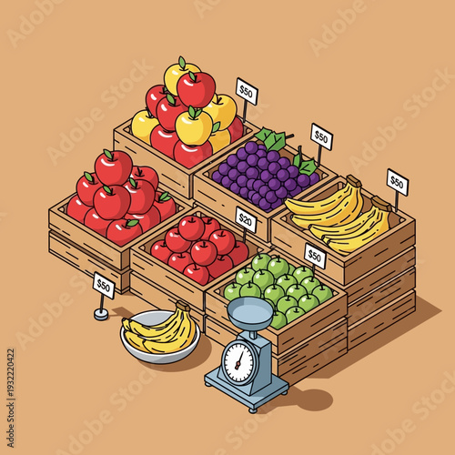 Isometric illustration of a fruit stand with various fruits and a scale.