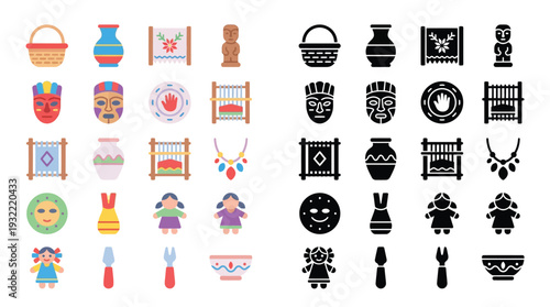 Collection of colorful and monochrome icons representing traditional crafts, artifacts, and cultural symbols from various indigenous communities.