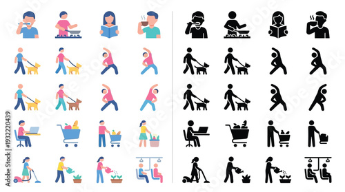 Collection of flat design icons illustrating various daily activities and hobbies of people in both color and silhouette versions.