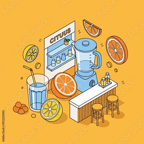 Freshly squeezed orange juice blender and glass on a bar counter.