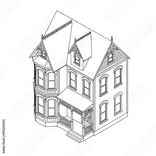 Detailed black and white architectural drawing of a three-story Victorian house.
